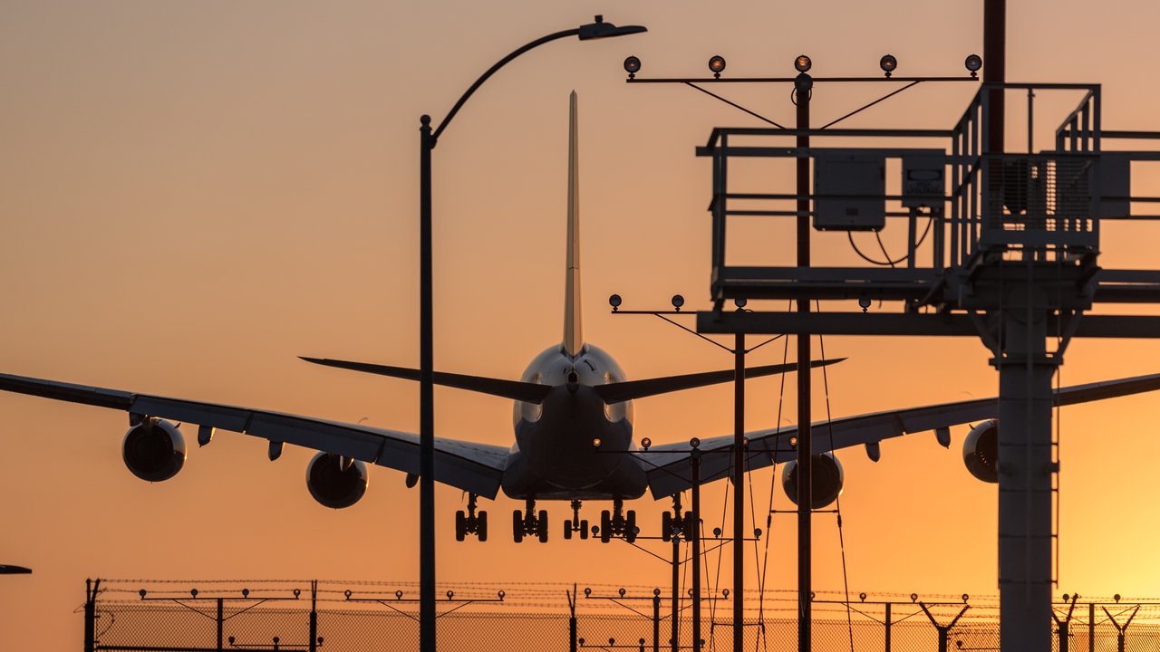 An Airbus A380 lands at Los Angeles International.